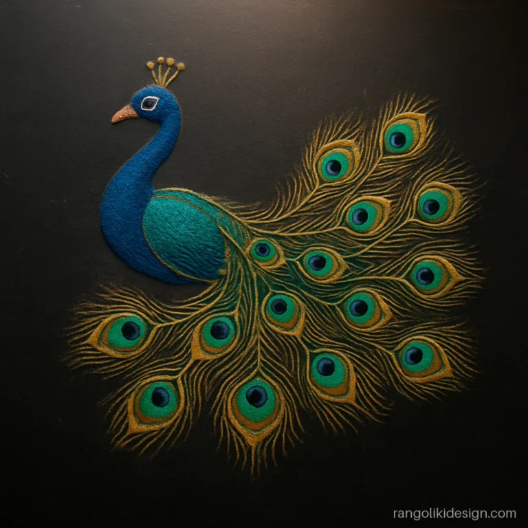 Award winning peacock rangoli design with realistic shaded feather detail