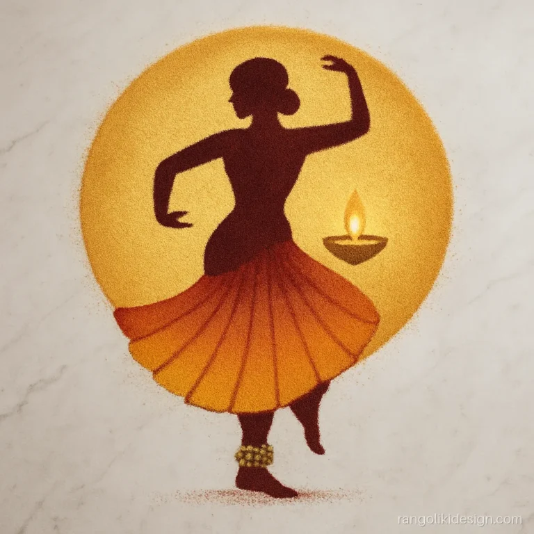 Competition rangoli designs of a classical dancer silhouette with ghungroo and lamp