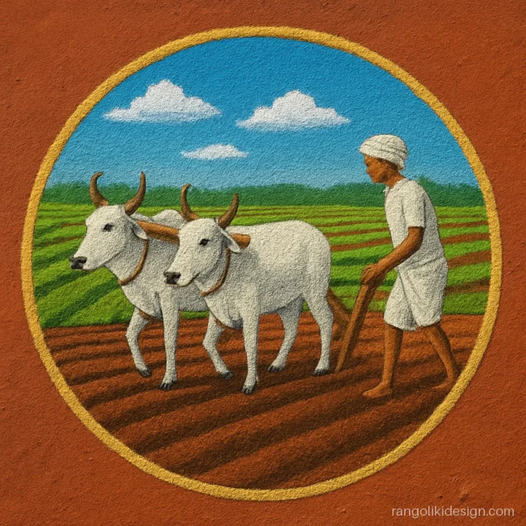 Realistic rangoli design of a farmer ploughing fields with two bullocks