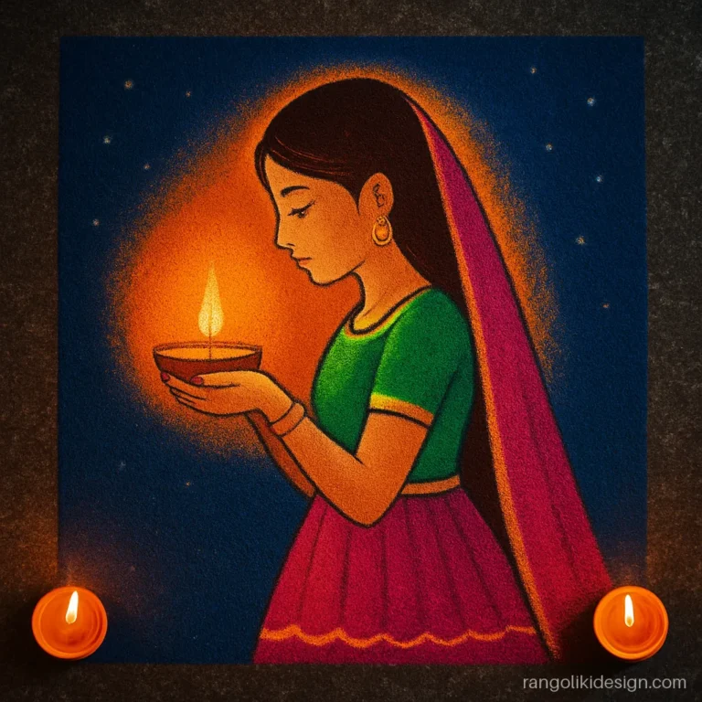 Girl rangoli design for Diwali, a girl in profile lighting a diya