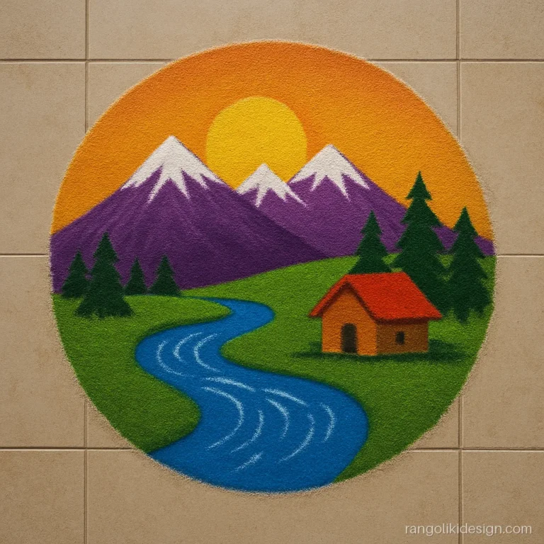 Scenery rangoli design for Diwali with mountains, a river and a hut
