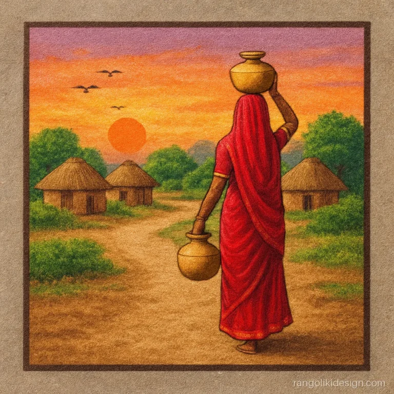 Competition poster rangoli design of a village woman carrying water pots at sunset