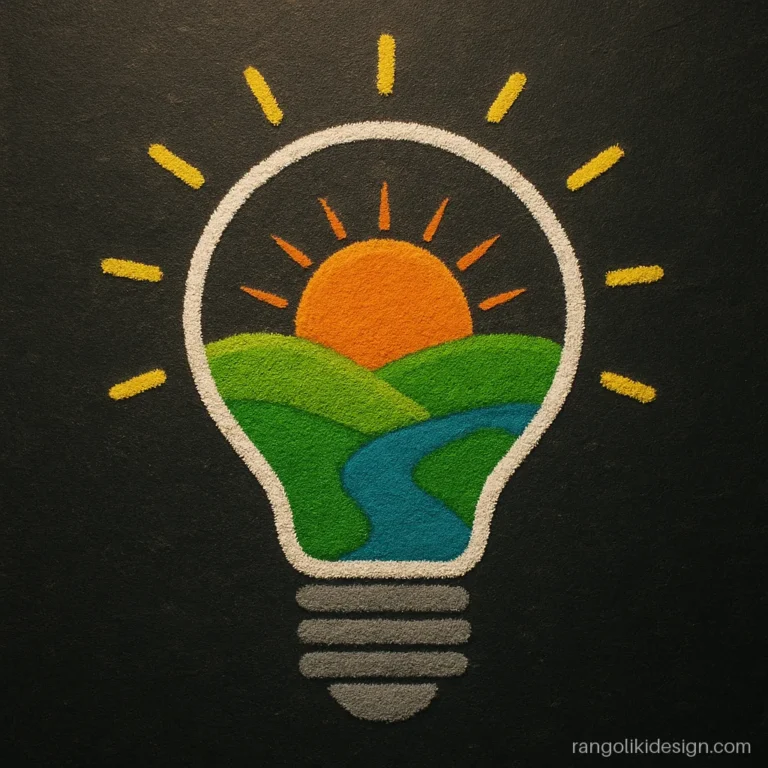 Creative theme rangoli design with a light bulb filled with a sun and green fields