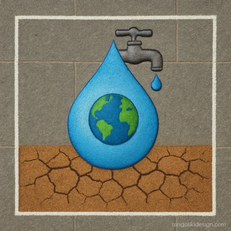 Prize winning rangoli design with theme of saving water, a drop holding the earth
