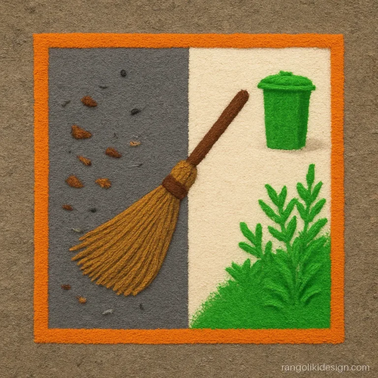 Theme rangoli design on cleanliness with a broom, dustbin and clean street