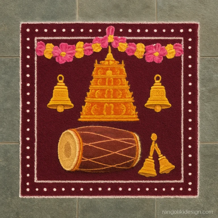 Competition Indian culture rangoli design with drums, bells and a temple outline