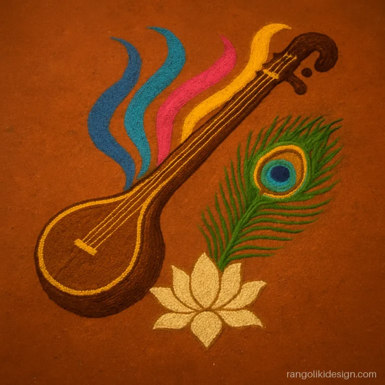 Competition veena rangoli design with flowing sound waves and lotus