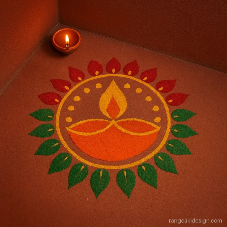 Corner rangoli design for Diwali with a diya inside a quarter mandala