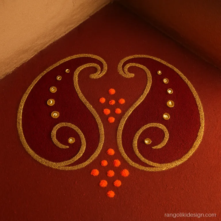 Attractive corner rangoli design for Diwali with maroon paisleys and gold glitter