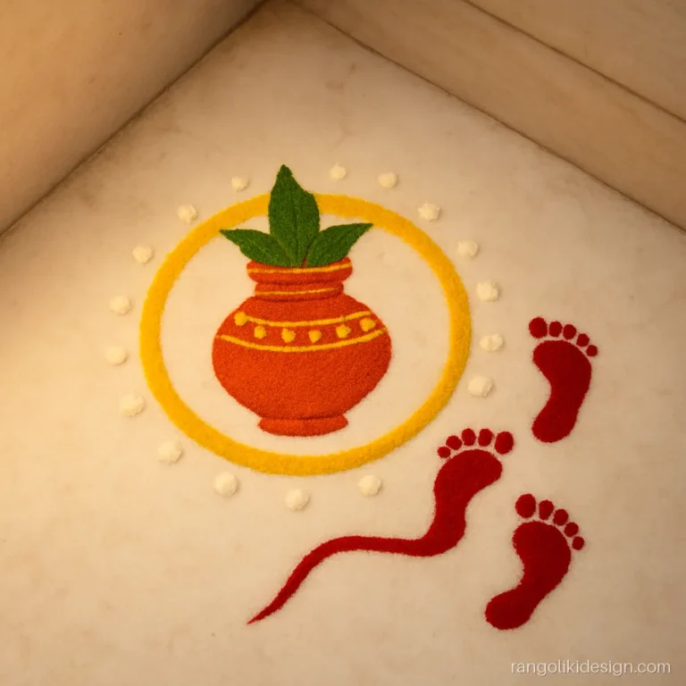 Diwali corner rangoli with a small kalash and tiny Laxmi charan footprints
