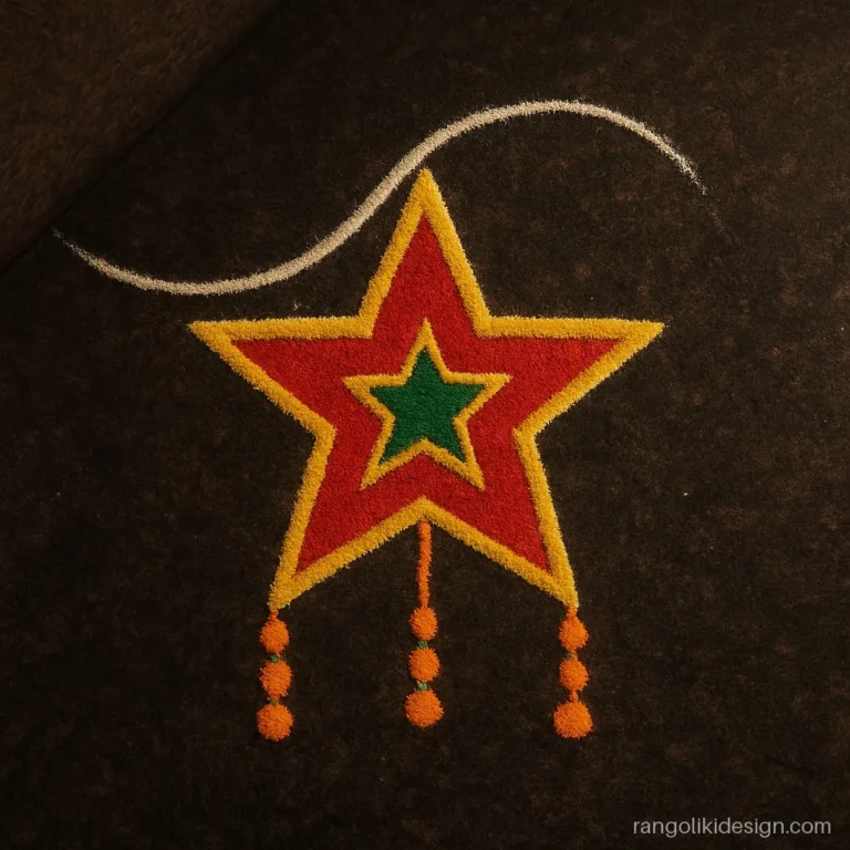 Side corner rangoli design for Diwali with a star lantern and tassels