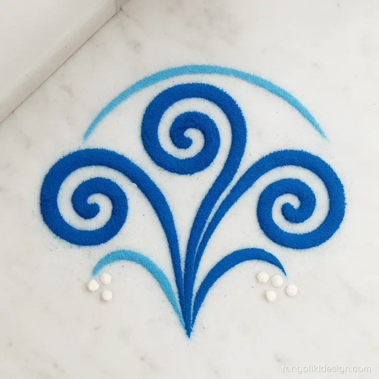 Easy wall corner rangoli design with blue swirls fanning out from the wall