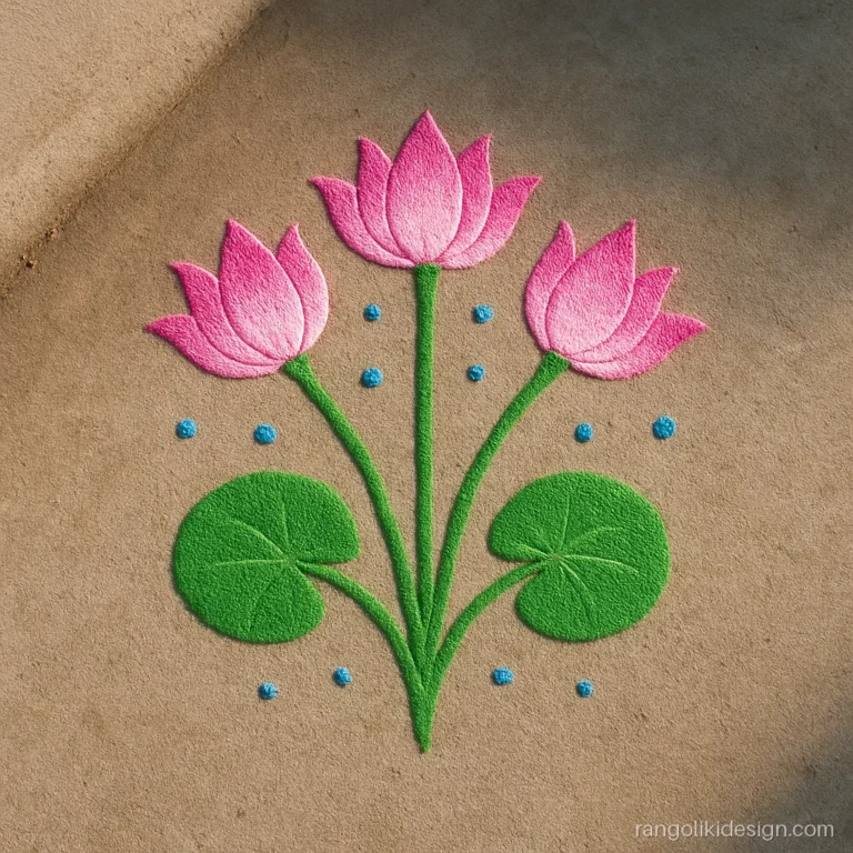 Corner rangoli designs with flowers: three pink lotus buds rising from the corner