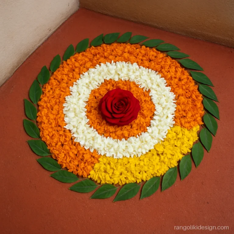 Corner flower rangoli design with real marigold petals in a quarter circle