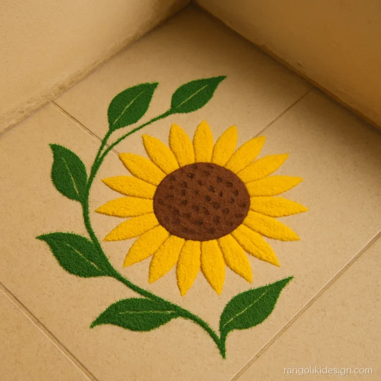 Side corner flower rangoli with a yellow sunflower and three green leaves