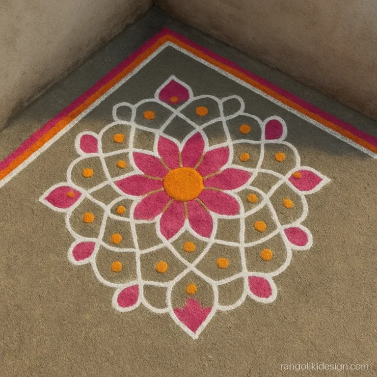 Border corner rangoli design on a dot grid turning around a room corner