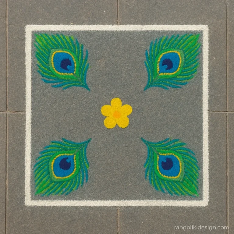 Matching corner rangoli set with a peacock feather in each corner of a square