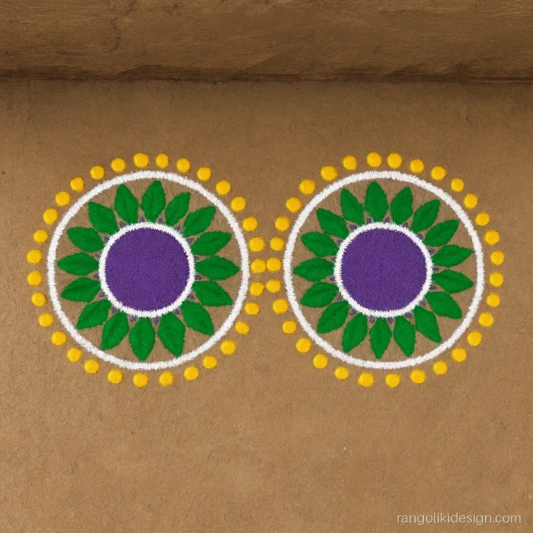 Half circle corner rangoli designs in purple and green on both sides of a shelf