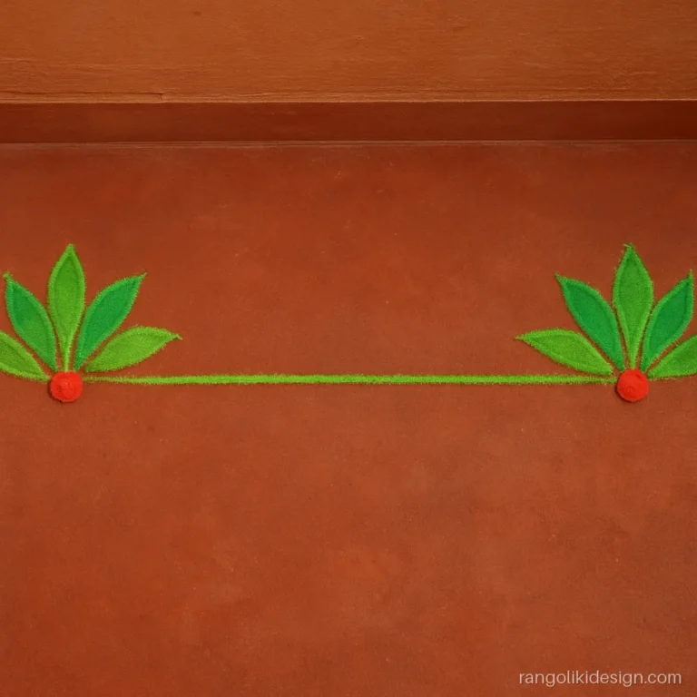 Pair of matching corner rangoli side designs with mango leaves joined by a line