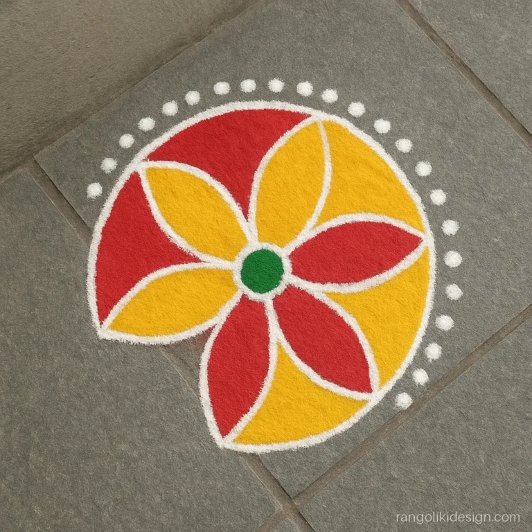 Simple corner rangoli design with a quarter flower of red and yellow petals