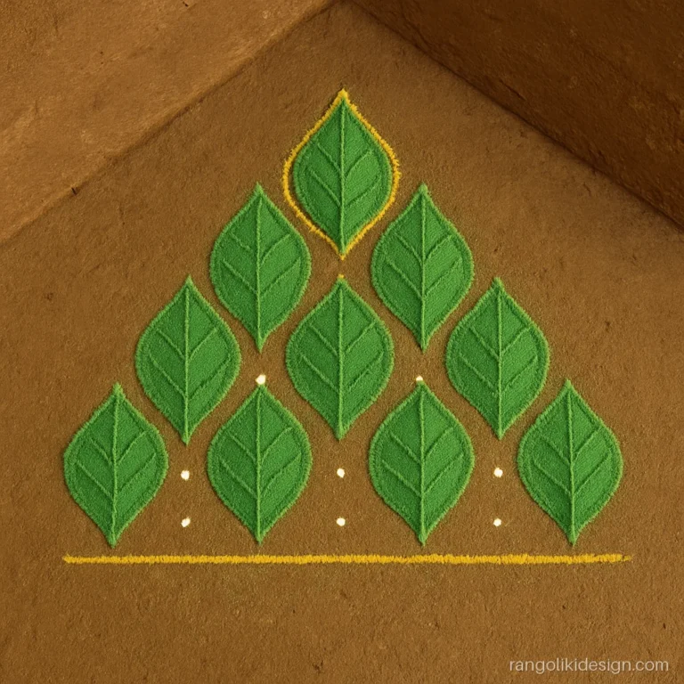 Simple small corner rangoli design on a triangle dot grid with green leaves