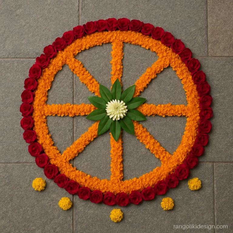Flower rangoli for dasara: a chariot wheel of marigold, rose and leaves