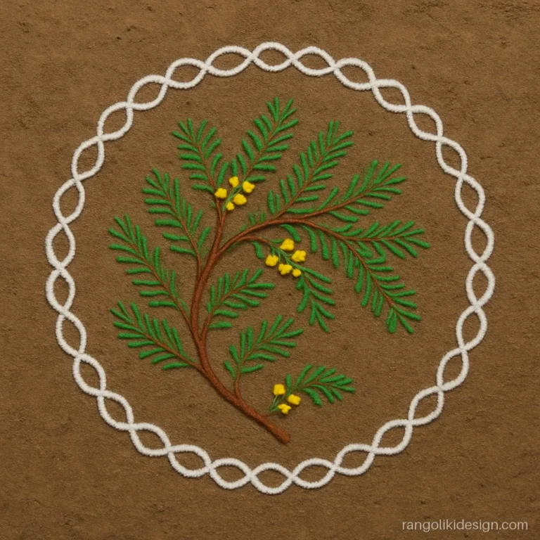 Dasara rangoli design with a shami tree branch and small yellow flowers