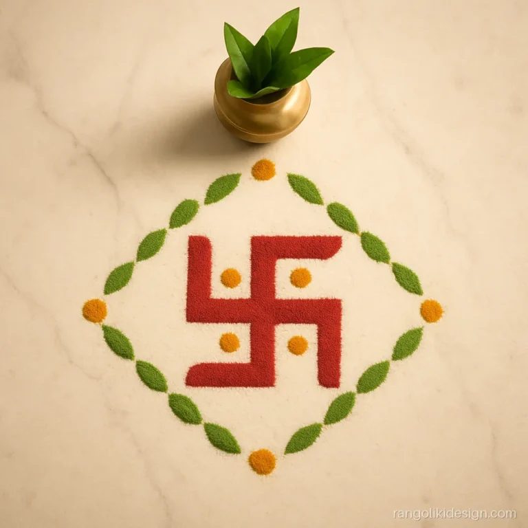 Simple dasara rangoli with a red swastik inside a frame of green leaves