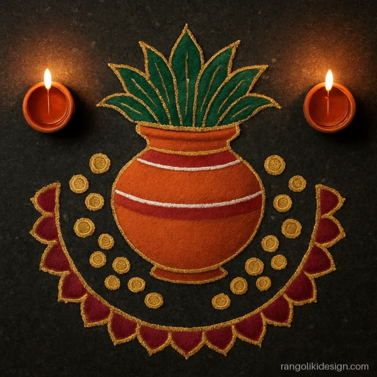 Dasara rangoli designs with colours: a kalash full of gold apta leaves and coins