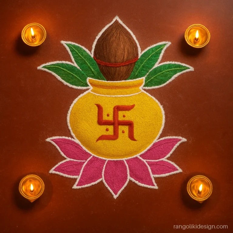 Dhanteras kalash rangoli design with coconut, mango leaves and red swastik on the pot