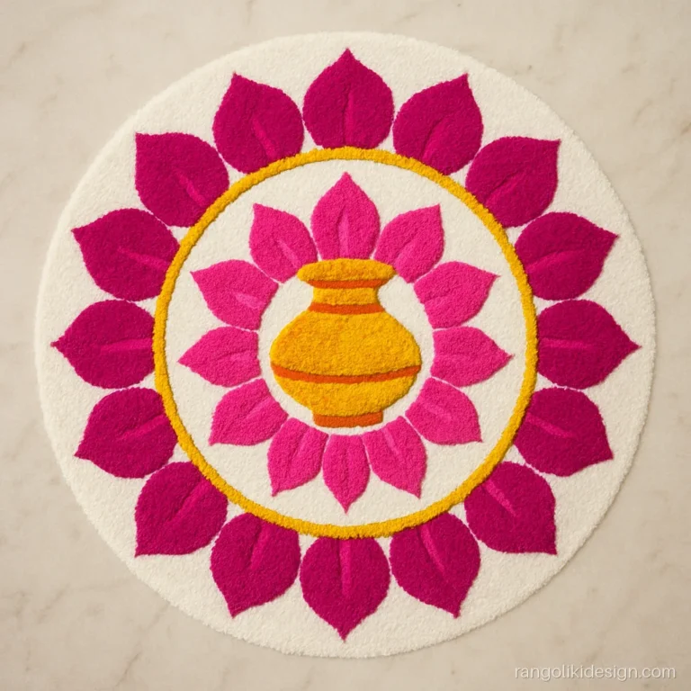Unique rangoli designs for Dhanteras with kalash inside a double lotus ring