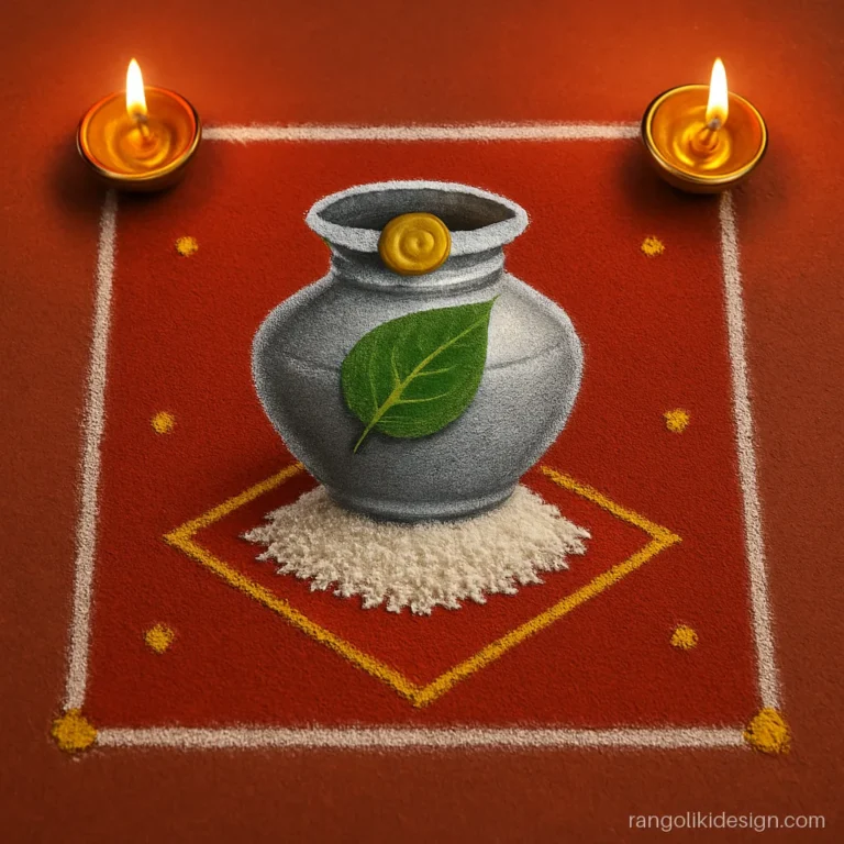 Beautiful dhanteras rangoli with a silver kalash on a heap of rice and red cloth