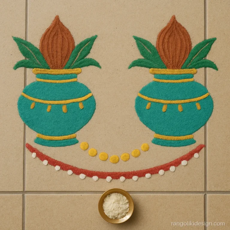 Dhanteras rangoli designs with twin kalash pots facing each other and coins