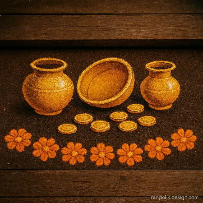 New dhanteras rangoli showing a row of brass vessels with coins and marigolds