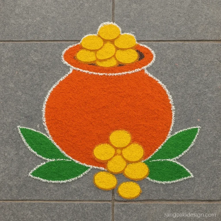 Simple dhanteras rangoli design of a coin pot on a 7 to 4 dot grid