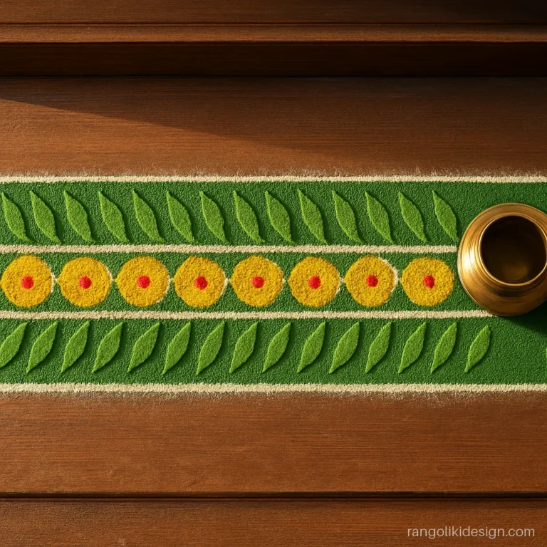 Easy dhanteras rangoli designs with mango leaf border and coin rows