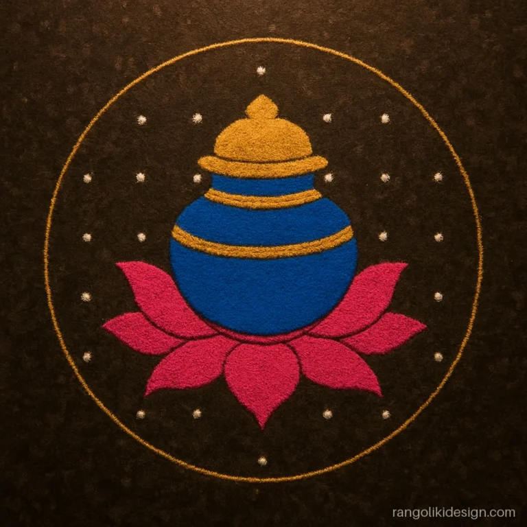 Dhanteras rangoli design easy with an amrit pot on a lotus on a 9 to 5 dot grid