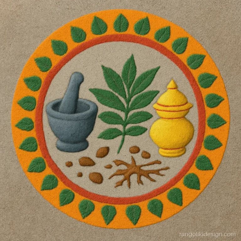 Dhanteras rangoli design with an Ayurveda mortar, herb leaves and amrit kalash