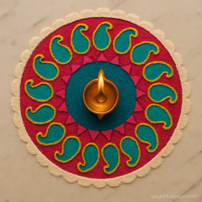 Beautiful dhanteras rangoli of a diya inside a turquoise and gold paisley mandala