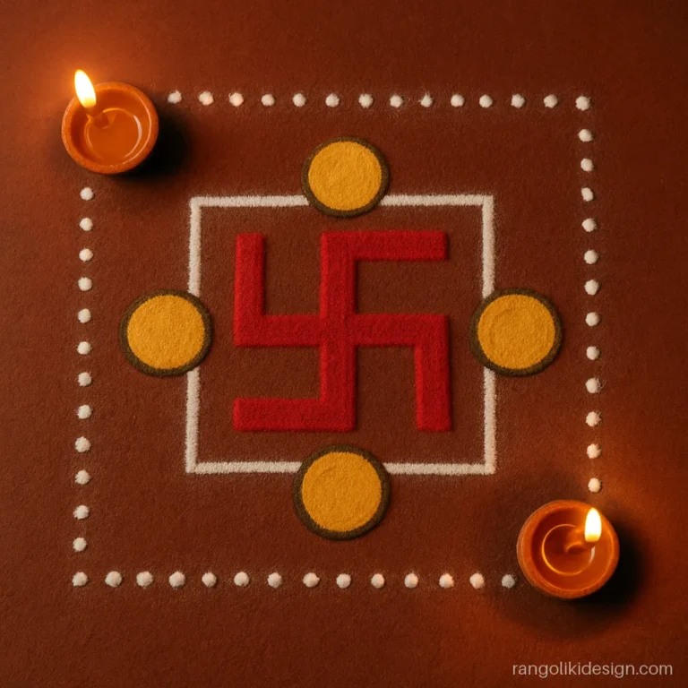 Easy rangoli design for Dhanteras with gold coins around a red swastik at the door