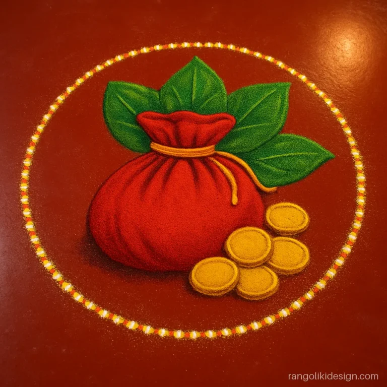 Rangoli for Dhanteras with a red Kuber money pouch, coins and betel leaves