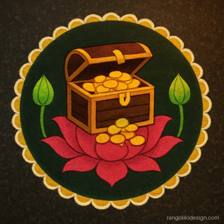 Unique rangoli design for Dhanteras with a treasure chest, coins and lotus