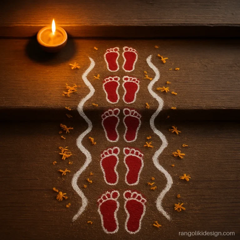 Rangoli designs for Dhanteras with Laxmi charan walking from door into home