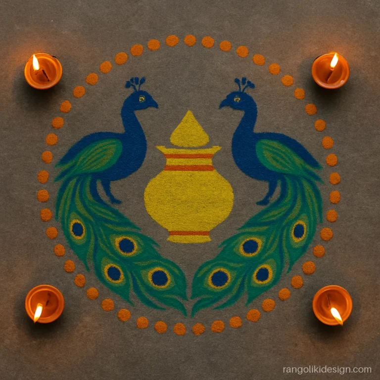 Dhanteras rangoli designs with two peacocks guarding a kalash