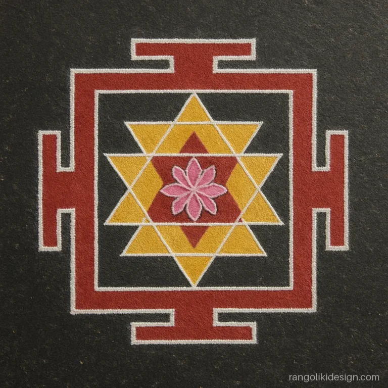 Unique dhanteras rangoli designs with a square geometric yantra and lotus