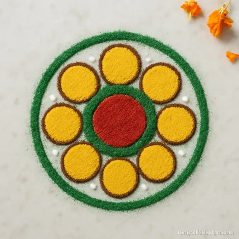 Dhanteras small rangoli design shaped like a flower with coins as petals