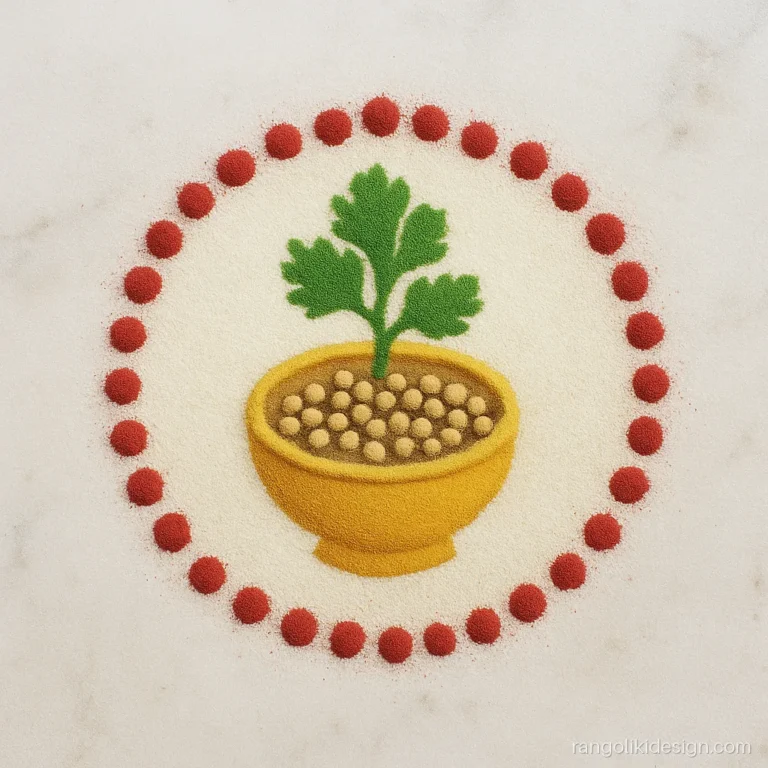 Simple rangoli design for Dhanteras with a brass bowl of coriander seeds and leaves