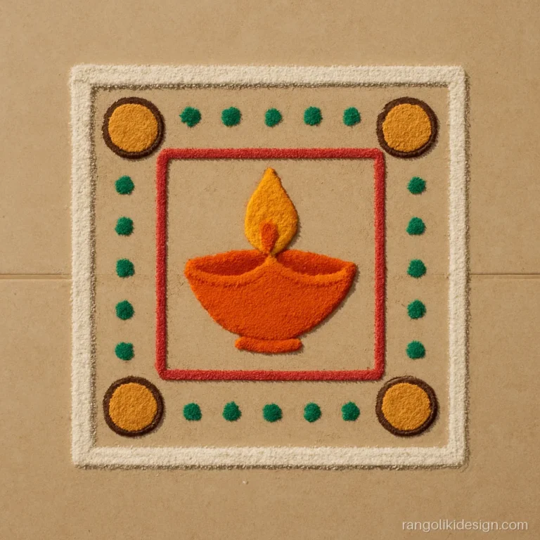 Dhanteras easy rangoli with one diya and four coins in a small square