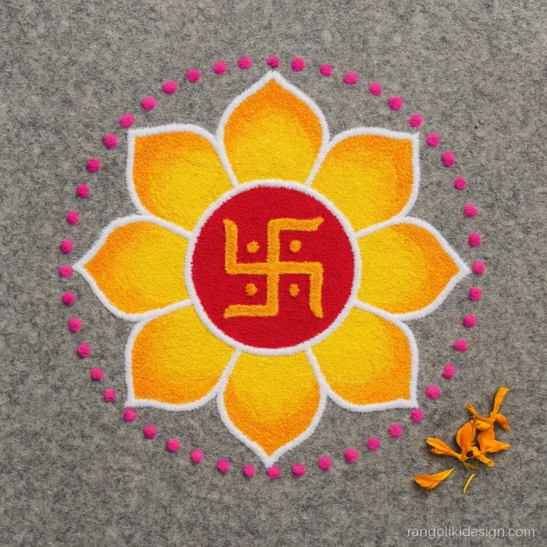 Easy small dhanteras rangoli with a red swastik inside an eight petal lotus
