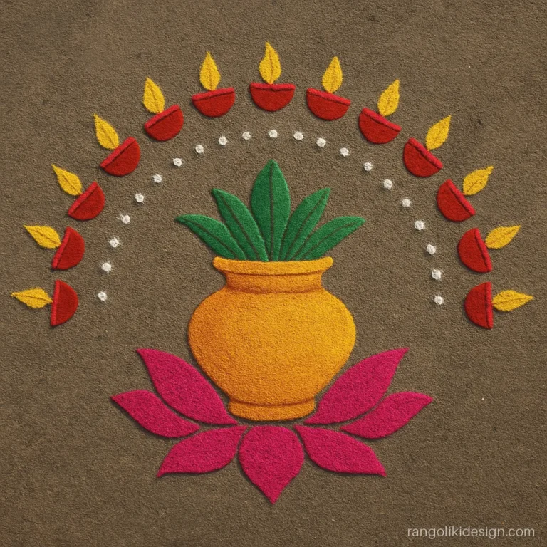 Dhanteras rangoli design with thirteen small diyas in an arc over a kalash